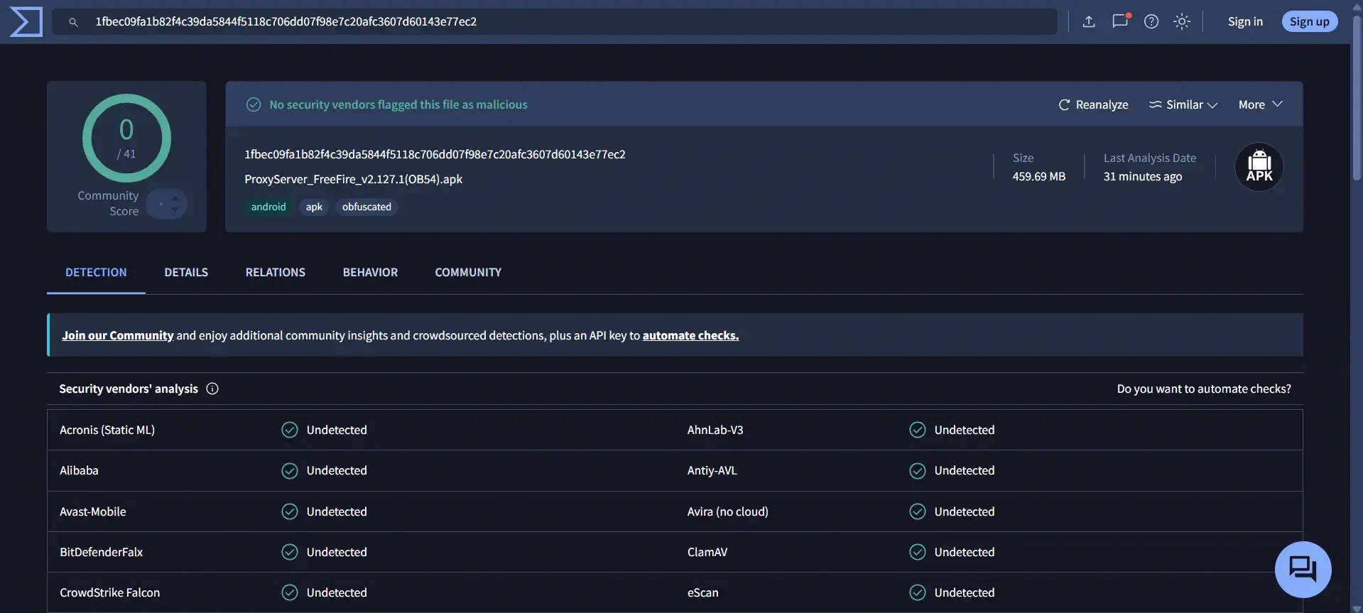 VirusTotal scan report showing 0 out of 41 security vendors flagged this file as malicious
